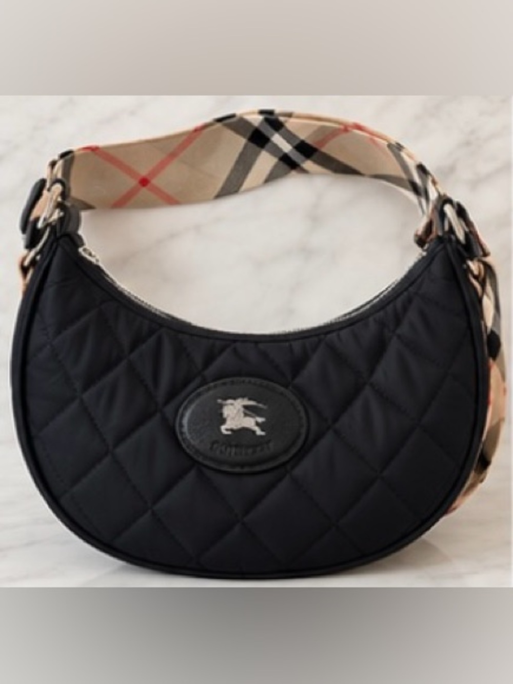 NWT Burberry Horseshoe Quilted Nylon Crossbody Bag Black Plaid strap RTL $1350